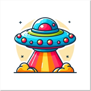 Colorful flying saucer take off the earth Posters and Art